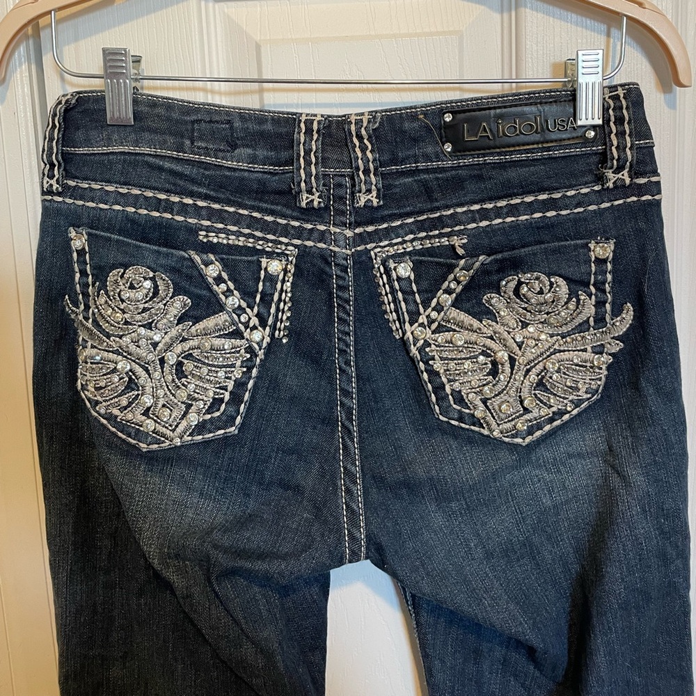 LA IDOL BEDAZZLED LOW RISE FLARE VINTAGE JEANS